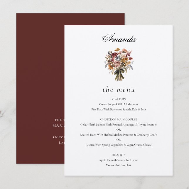 Menu Casamento de Flores de Queda de Nome de Convidado  (Frente/Verso)