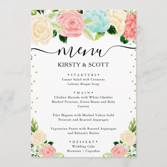 Menu Casamento de Flores de Verão Rosa e Verde-Menta (Frente)