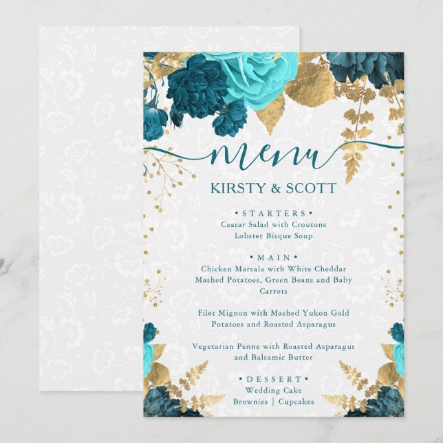 Menu Casamento de Flores em Aquarela Azul Turquesa e Do (Frente/Verso)