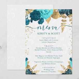Menu Casamento de Flores em Aquarela Azul Turquesa e Do