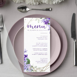 Menu Casamento de Flores Geométricas Douradas Roxas Ele