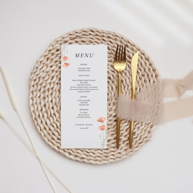 Menu Casamento de Flores Laranja Elegante Popy Meadow (Criador carregado)