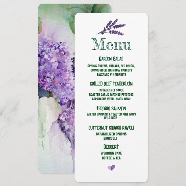 Menu Casamento de Flores Lilac Elegante (Frente/Verso)