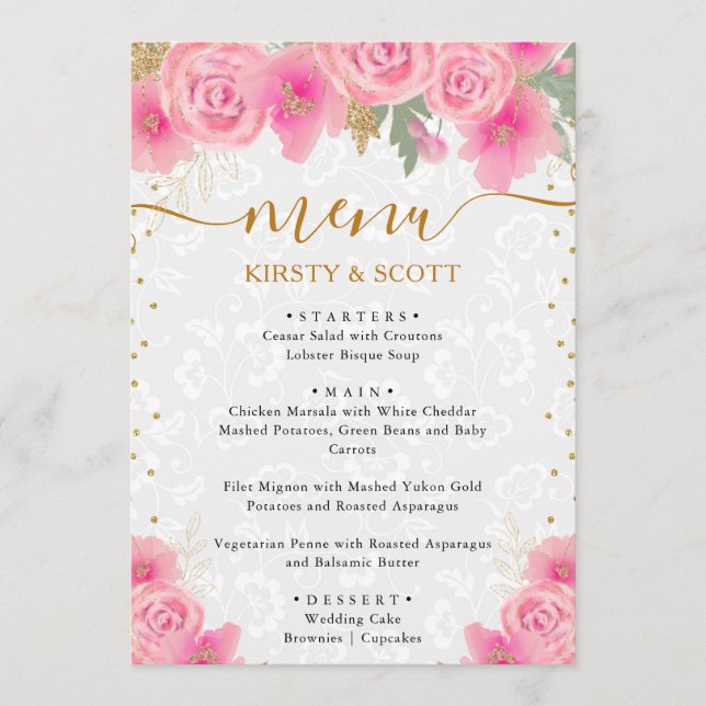 Menu Casamento de Flores Rosa Aquarela  (Frente)