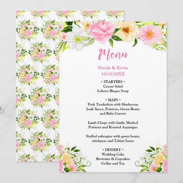 Menu Casamento de Flores Rosa e Amarelo de Verão (Frente/Verso)