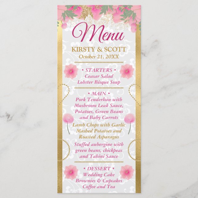 Menu Casamento de Flores Rosa e Dourado em Aquarela (Frente)