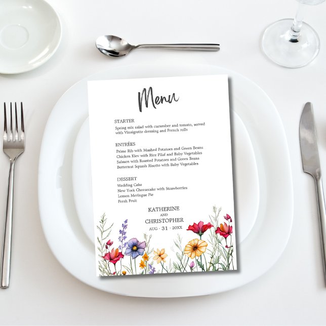 Menu Casamento de flores selvagens coloridas elegantes (Elegant Colorful Watercolor Wildflowers Wedding Menu with Menu Options, Pink Purple Yellow Flowers.)
