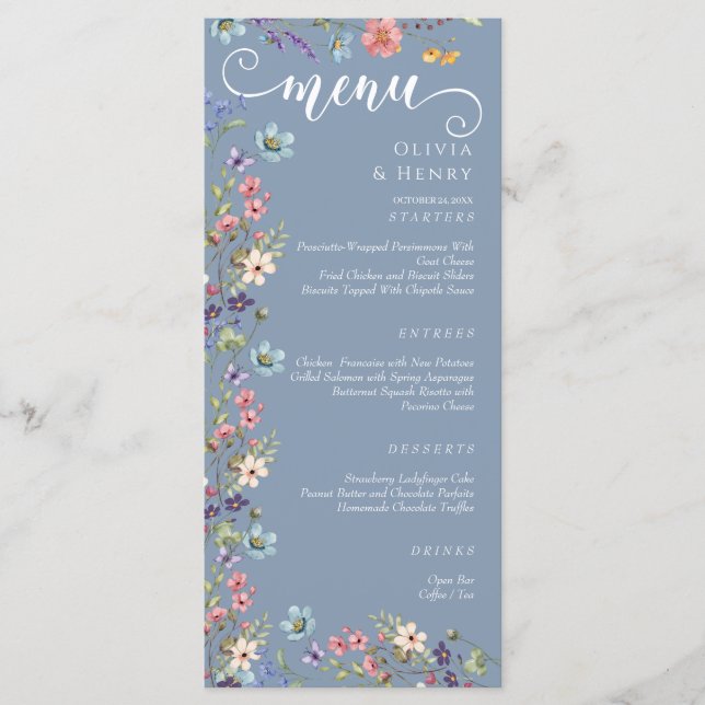 Menu Casamento de Flores Selvagens Simples Primavera Az (Frente)