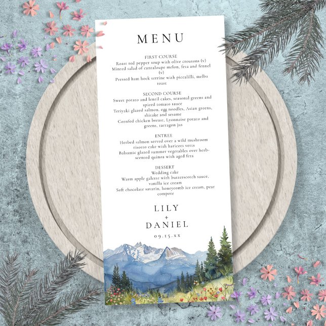 Menu Casamento de Flores Silvestres de Montanha em Aqua (Modern Watercolor Mountain Wildflower Wedding Menu)