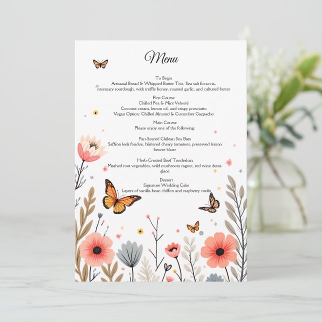 Menu Casamento de Flores Silvestres e Borboletas Elegan (Em pé/Frente)