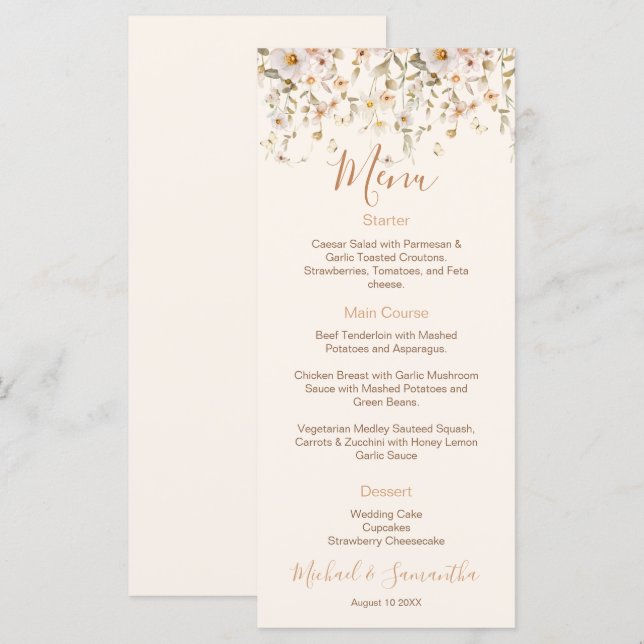 Menu Casamento de Flores Silvestres Marfim e Bege Rosad (Frente/Verso)