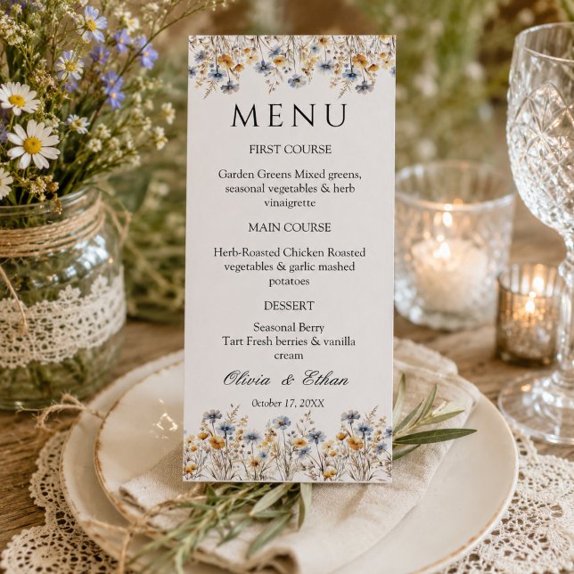 Menu Casamento de Flores Silvestres Rústicas Elegantes (Elegant Rustic wildflower wedding menu card)