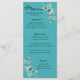 Menu Casamento de Flores Sussurrantes em Azul Turquesa