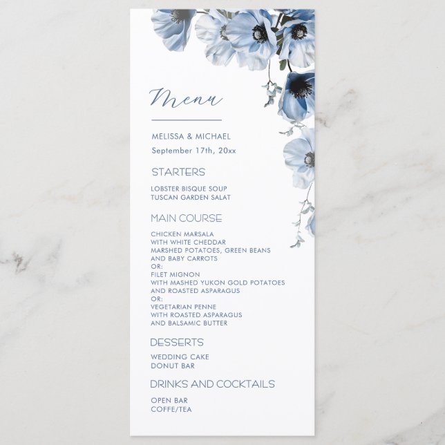 Menu Casamento de Flores Transparentes Azuis (Frente)
