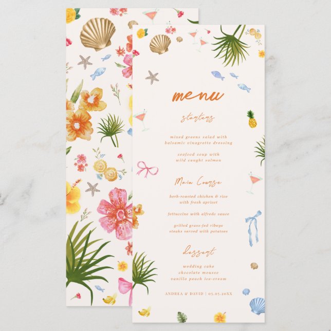 Menu Casamento de Flores Tropicais De Mão Desenhada (Frente/Verso)