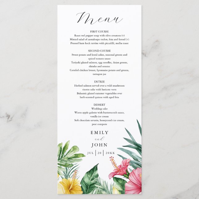 Menu Casamento de Flores Tropicais Elegante Watercolor (Frente)