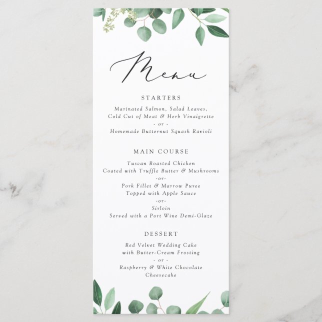 Menu Casamento de Folha de Eucalyptus Typografia Modern (Frente)