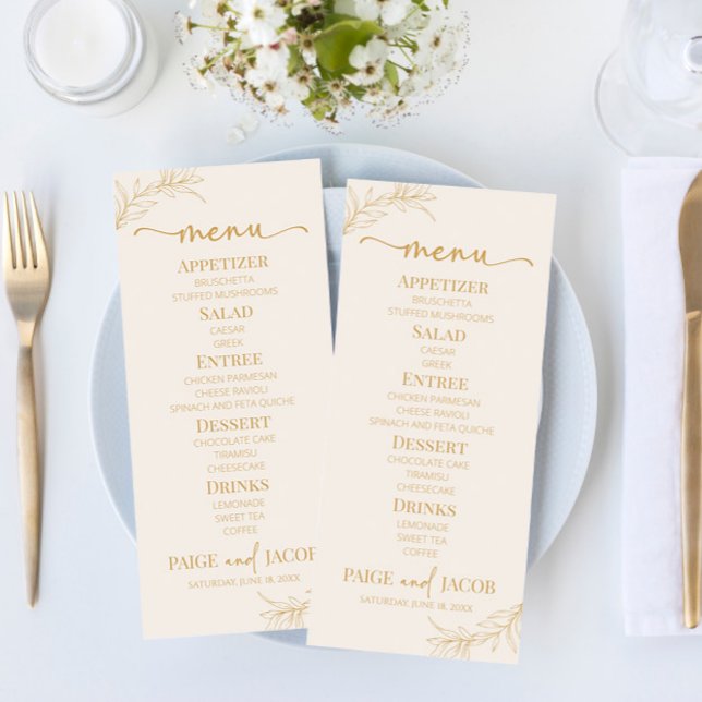 Menu Casamento de Folha de Leaf Dourada de Beige minima (Criador carregado)