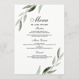 Menu Casamento de Folha Verde Elegante Watercolor