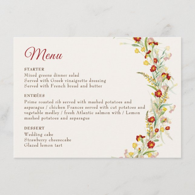 Menu Casamento de Folhagem Amarelo-Flor Selvagem Marigo (Frente)