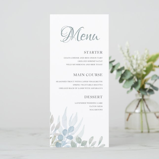 Menu Casamento de Folhagem de Aquarela Elegante (Em pé/Frente)