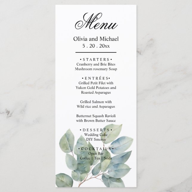 Menu Casamento de folhagem Elegante Watercolor boho gre (Frente)