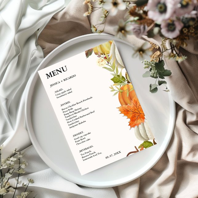 Menu Casamento de Folhas de Abóbora de Outono Elegante (Criador carregado)