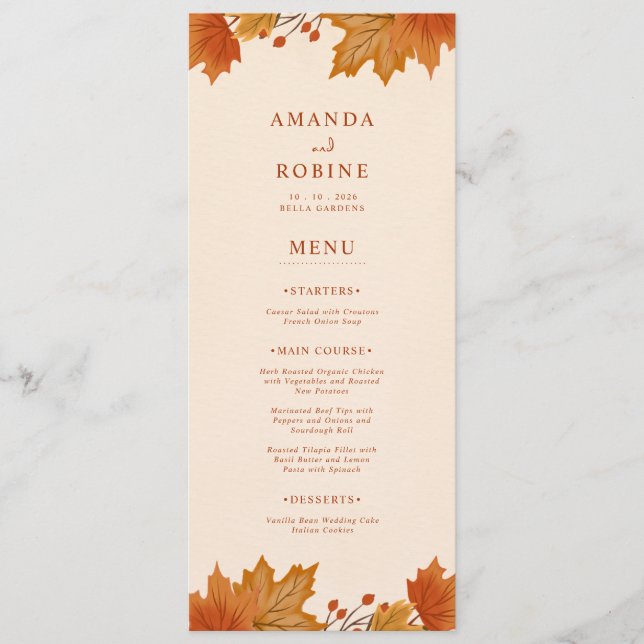 Menu Casamento de Folhas de Bordo de Outono Elegante (Frente)