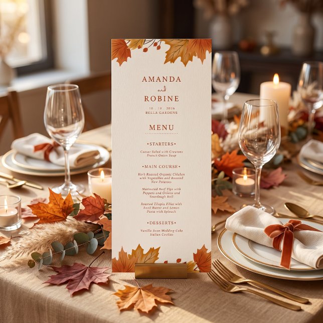 Menu Casamento de Folhas de Bordo de Outono Elegante (Criador carregado)