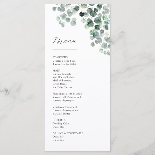 Menu Casamento de Folhas de Eucalipto em Aquarela (Frente)