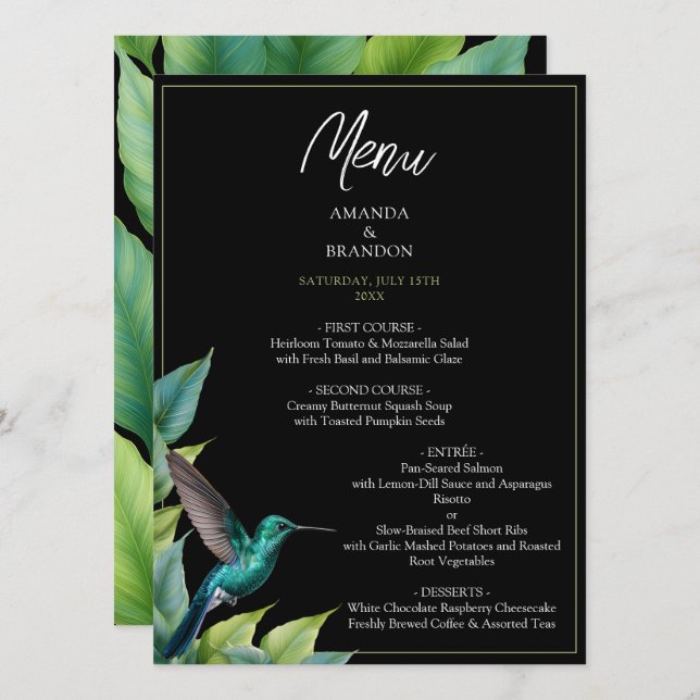 Menu Casamento de Folhas Tropicais Emerald Hummingbird (Frente/Verso)