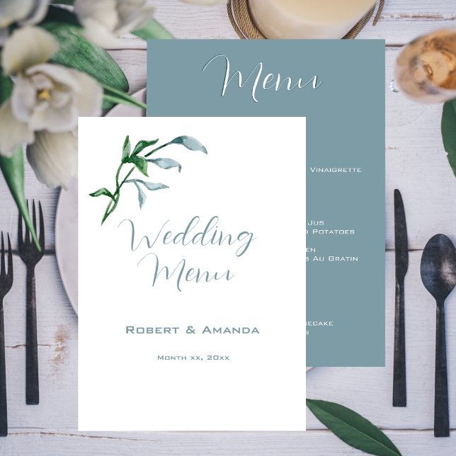 Menu Casamento de Folhas Verdes Azuis de Água (Watercolor Blue Green Leaves Wedding Menu)