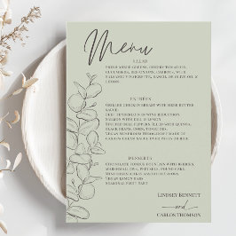 Menu Casamento de folhas verdes, guiadas minimamente