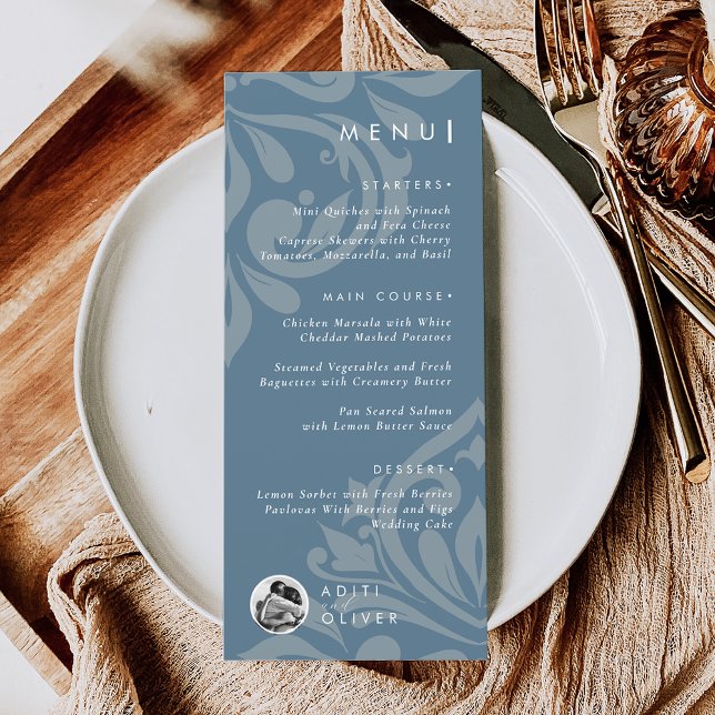 Menu Casamento de Foto Clássico Damask Vintage Teal (Criador carregado)