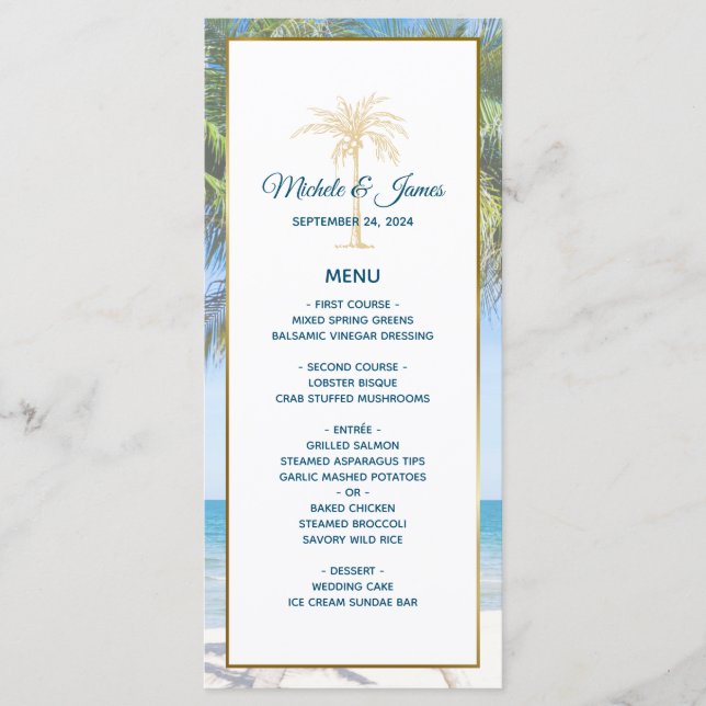Menu Casamento de Foto de Praia Dourada Tropical Palm T (Frente)