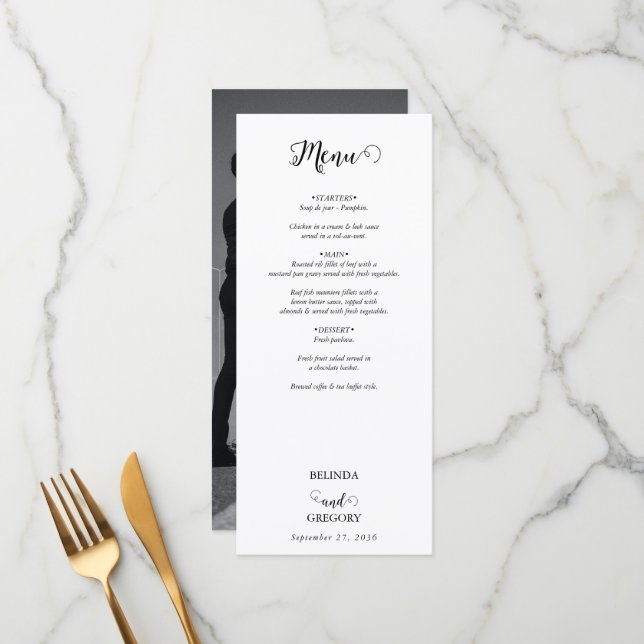 Menu Casamento de Fotografias do Casal de Script Branco (Frente/Verso In Situ)