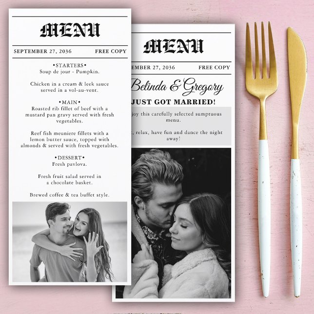 Menu Casamento de Fotos Brancas e Negras (Wedding Newspaper Fun Black & White Photo Wedding Menu)