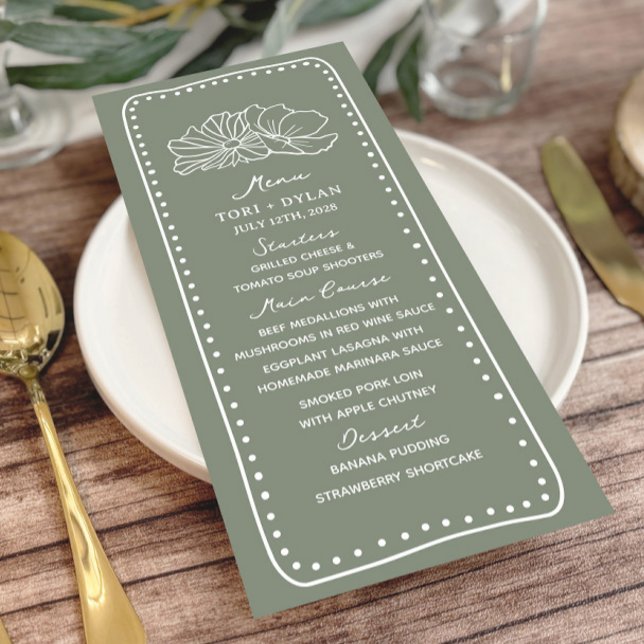 Menu Casamento de Frame Desenhado da Mão Verde Floral (Criador carregado)