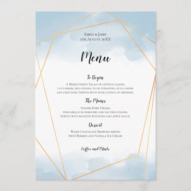 Menu Casamento de Frame Geométrico Dourado de Cor Azul- (Frente)