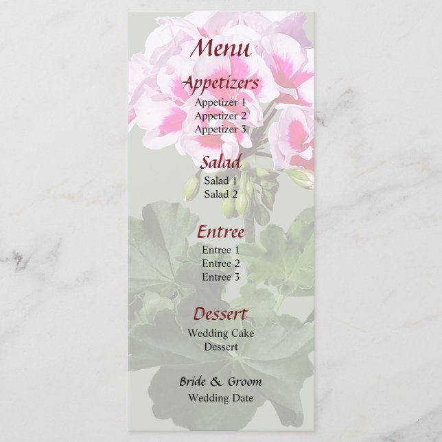 Menu Casamento de Gerânio Vermelho e Rosa (Frente)