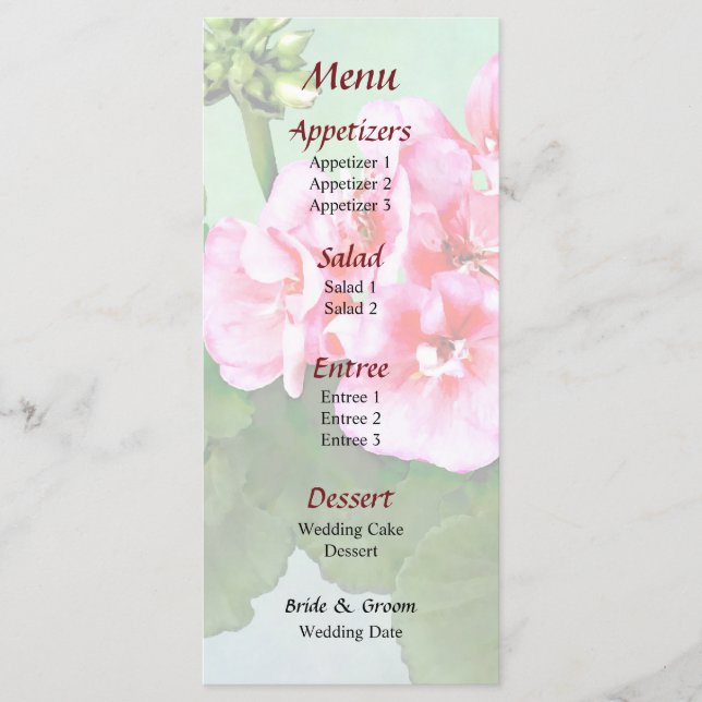 Menu Casamento de Geranium Rosa Pequeno (Frente)