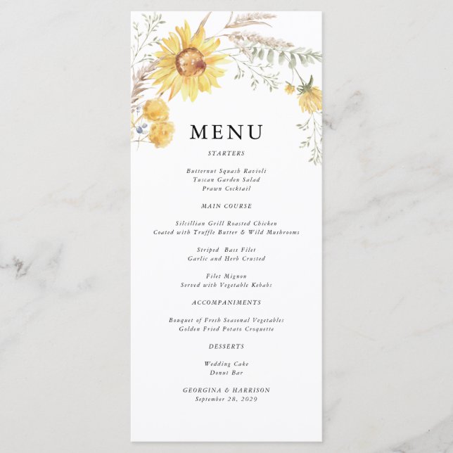 Menu Casamento de Girassol no Final do Verão (Frente)