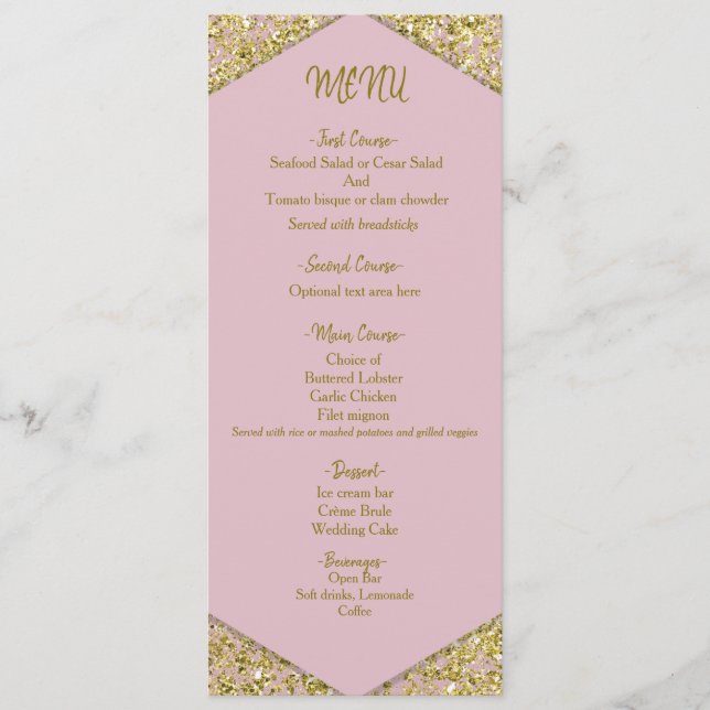 Menu Casamento de Glam Flocos Glitter Dourado Cinza-Ros (Frente)