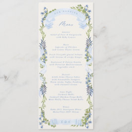 Menu casamento de grinalda de crista de jardim azul e v