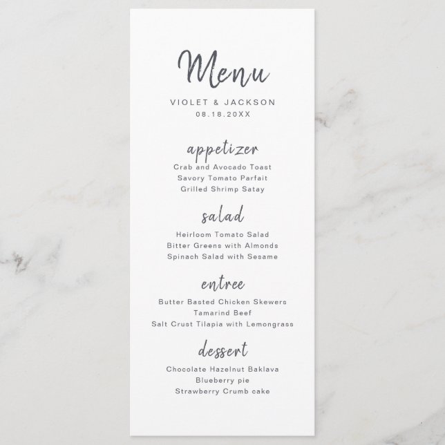Menu Casamento de guião manuscrito branco preto (Frente)