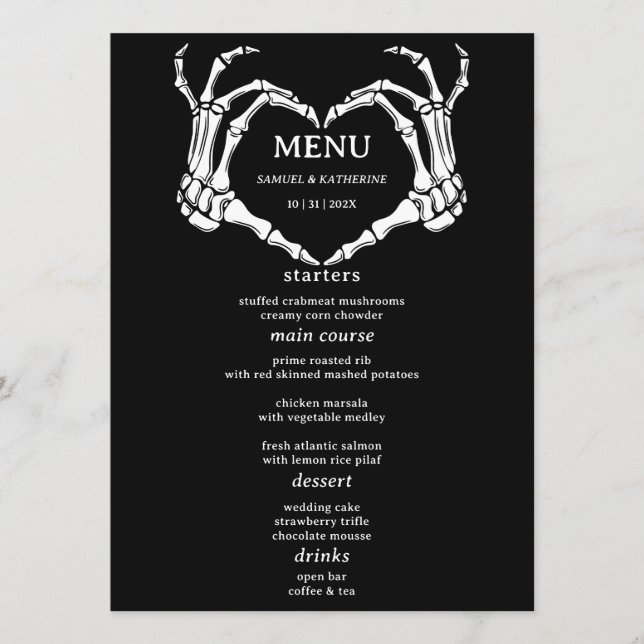 Menu Casamento de Halloween do Esqueleto Romântico Góti (Frente)
