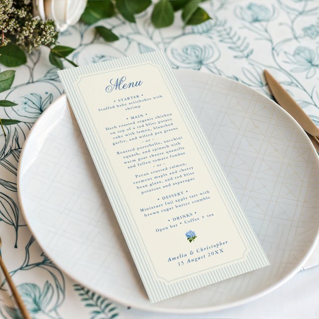 Menu Casamento de Hidrângea Miúda Listras Azul Claro Cl (classic blue pinstripes wedding menu)