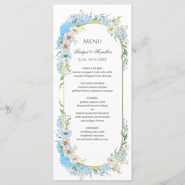 Menu Casamento de Hydrangea Azul Elegante (Frente)