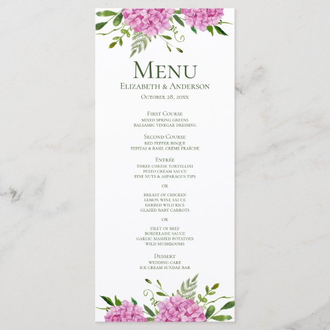 Menu Casamento de Hydrangea rosa (Frente)