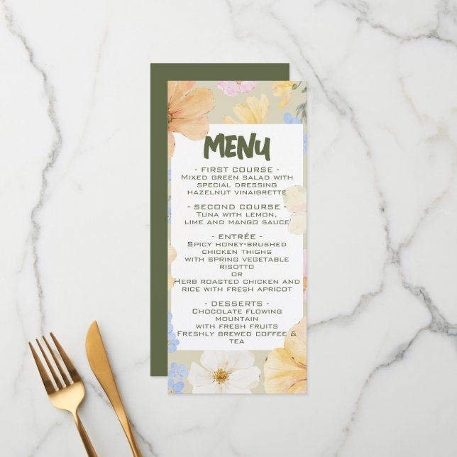 Menu Casamento de Ilustração Floral de Watercolor (Frente/Verso In Situ)